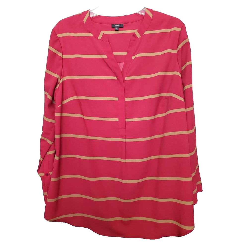 Talbots Woman Red Gold Stripe Henley Neck Long Sleeve Popover Tunic Size 1X